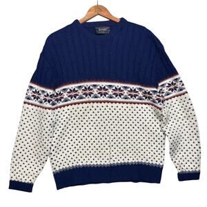 Jantzen Vintage Pull Over Fair Isle Nordic Ski Blue Red White Sweater  Men XL